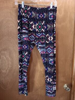 No Boundries Womans Aztec Print Stretch Leggings - Navy/Pink